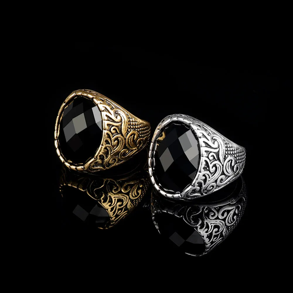 Men's multi-cut big gem ring in ancient gold, alloy electroplated finish, geometric shape, size No.8