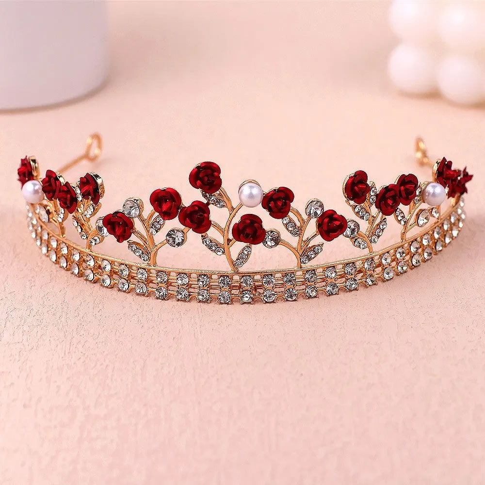 Gold alloy crown-shaped wedding hair headdress with electroplated finish on neutral background