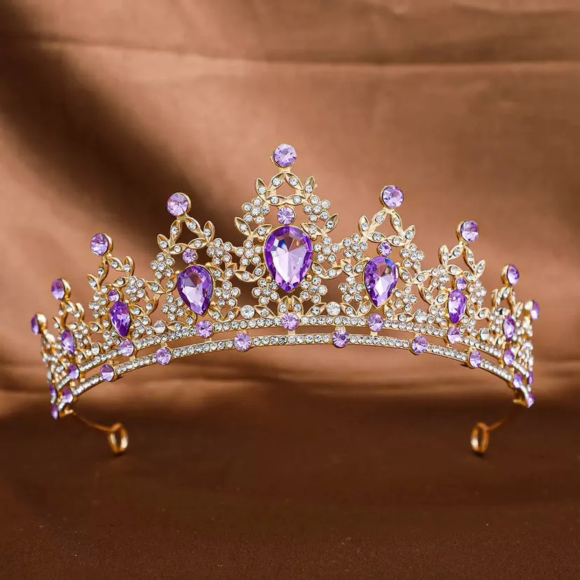 Gold alloy crown-shaped wedding hair headdress with electroplated finish on neutral background