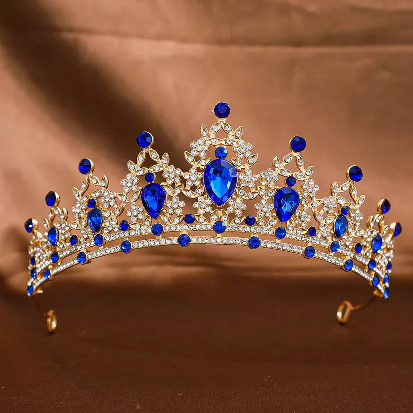 Gold alloy crown-shaped wedding hair headdress with electroplated finish on neutral background