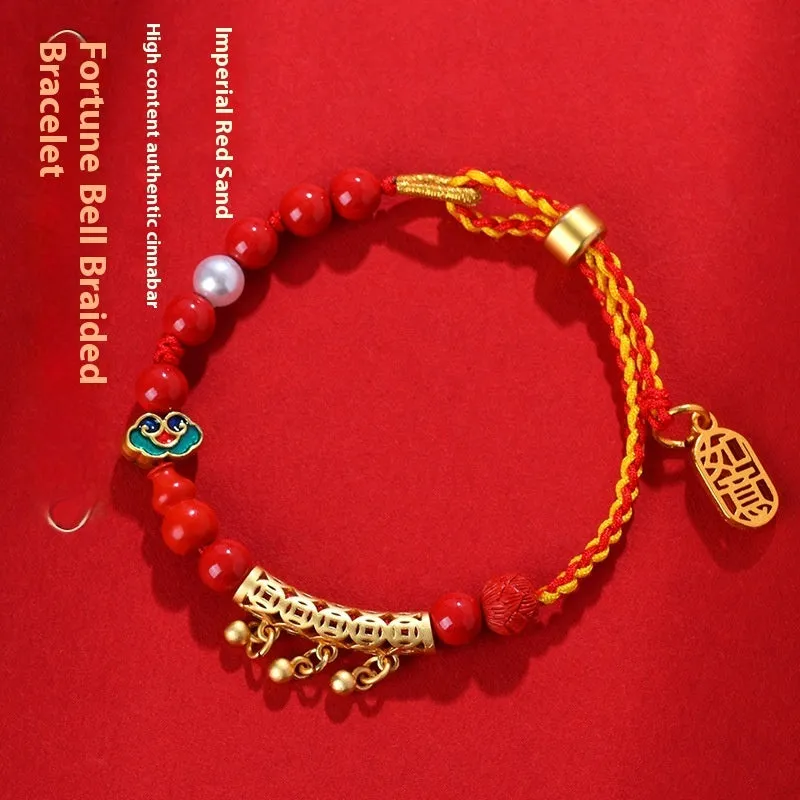 Women's hand-woven cinnabar bracelet with red sand bell design and geometric rope construction