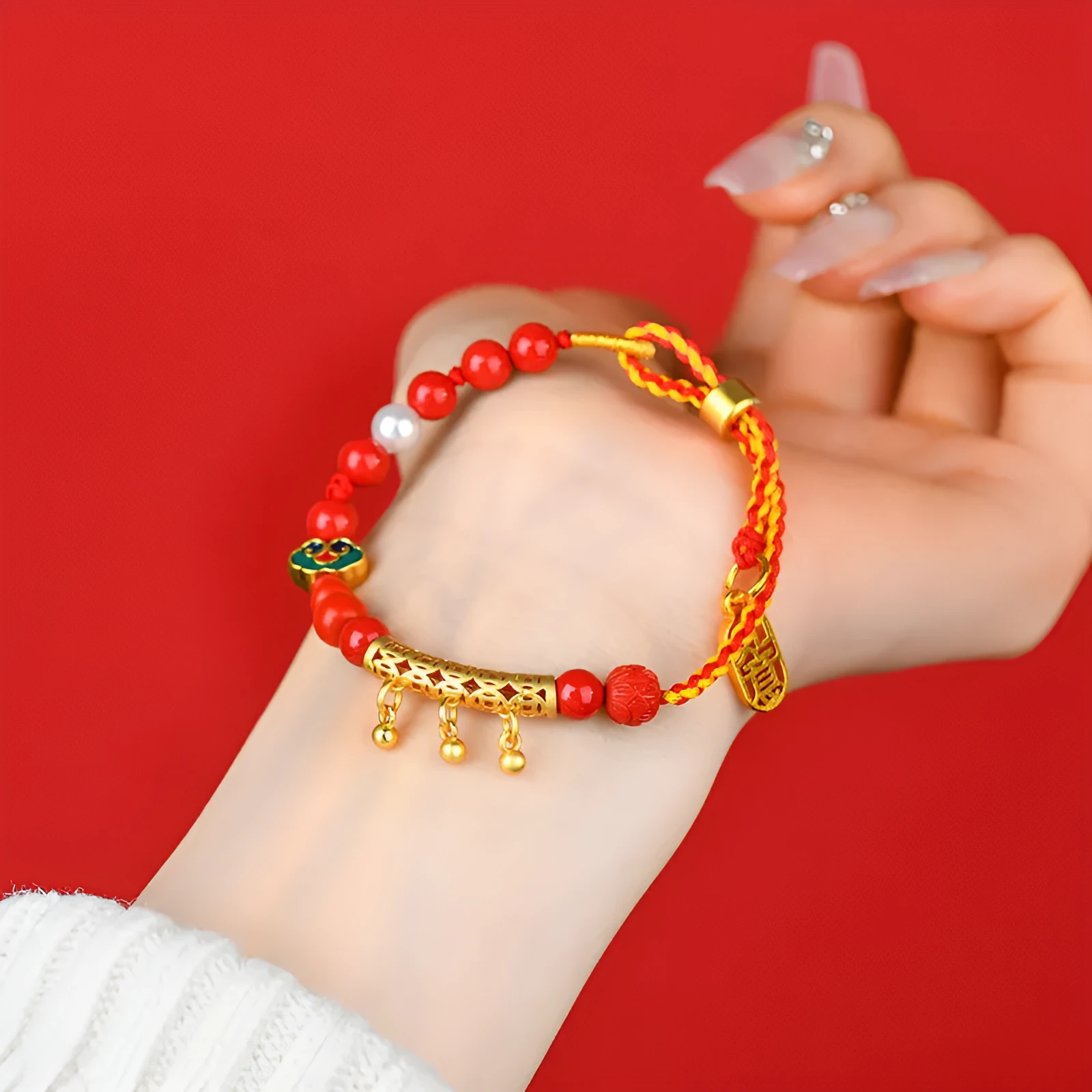 Women's hand-woven cinnabar bracelet with red sand bell design and geometric rope construction