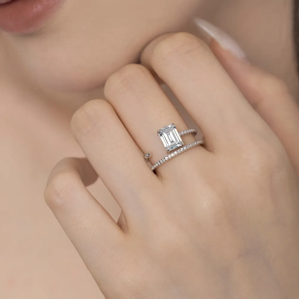 S925 sterling silver ring with rectangular chamfered zircon in platinum colour, hollow band, size No. 7