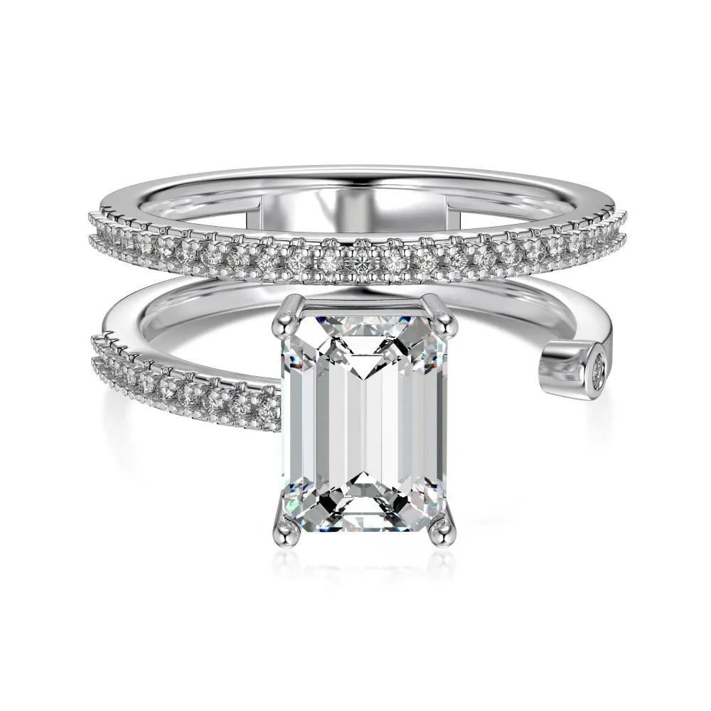 S925 sterling silver ring with rectangular chamfered zircon in platinum colour, hollow band, size No. 7