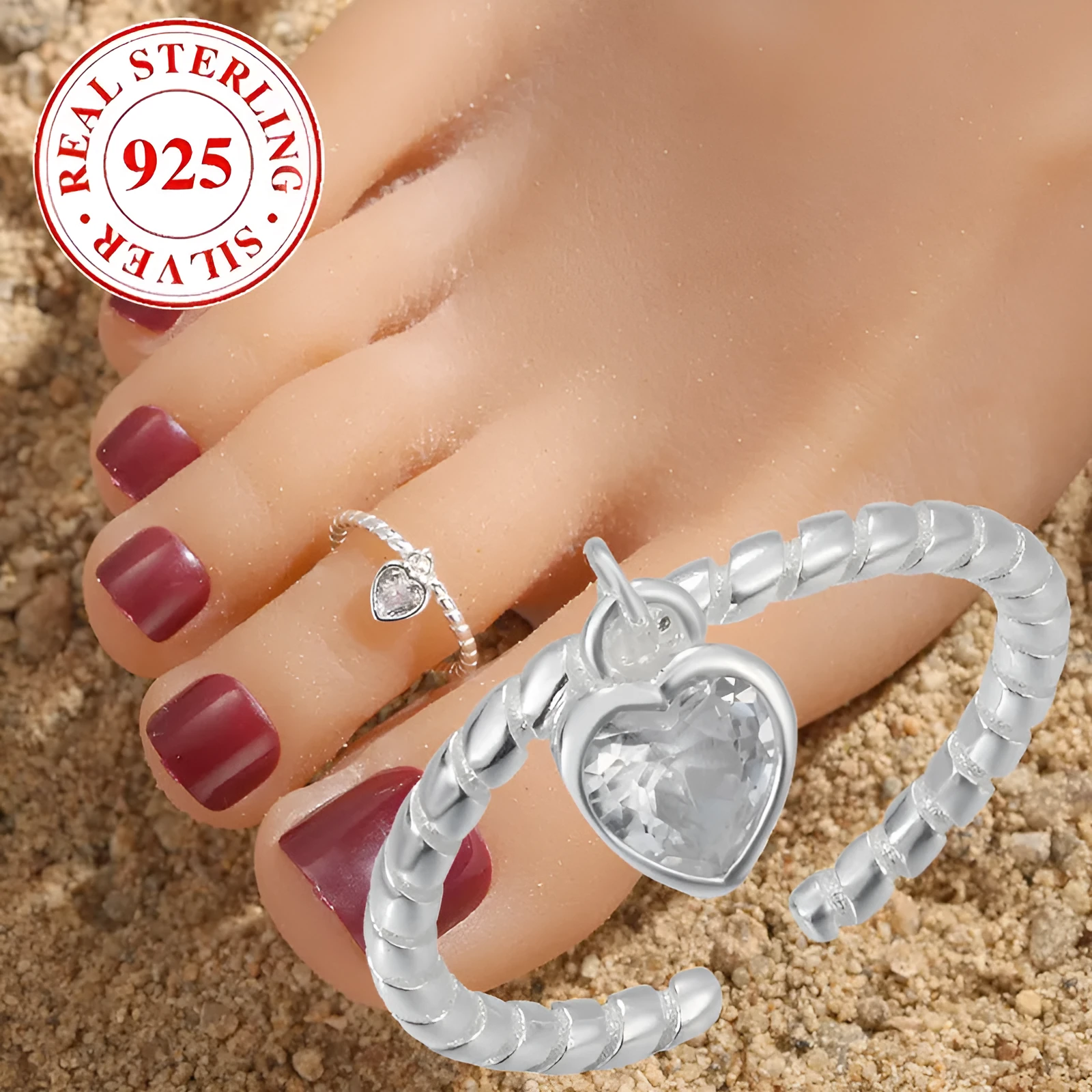 S925 sterling silver adjustable toe ring with gemstone inlay for women, available in multiple colours