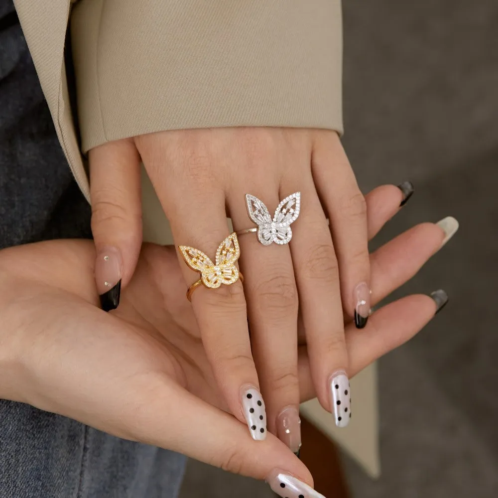 S925 sterling silver diamond inlaid zircon butterfly ring adjustable opening women's silver jewellery