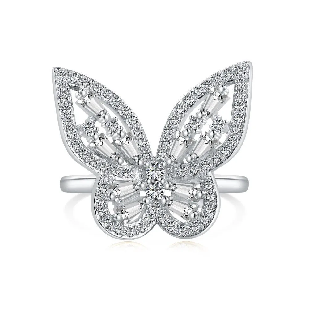 S925 sterling silver diamond inlaid zircon butterfly ring adjustable opening women's silver jewellery