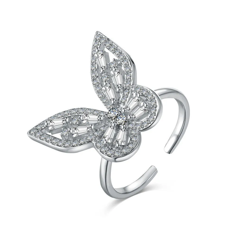 S925 sterling silver diamond inlaid zircon butterfly ring adjustable opening women's silver jewellery