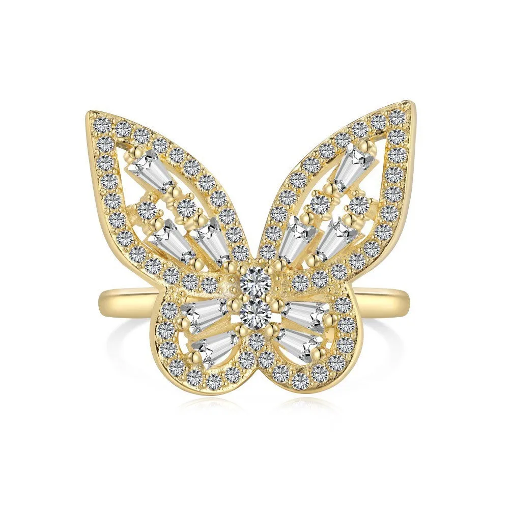 S925 sterling silver diamond inlaid zircon butterfly ring adjustable opening women's silver jewellery