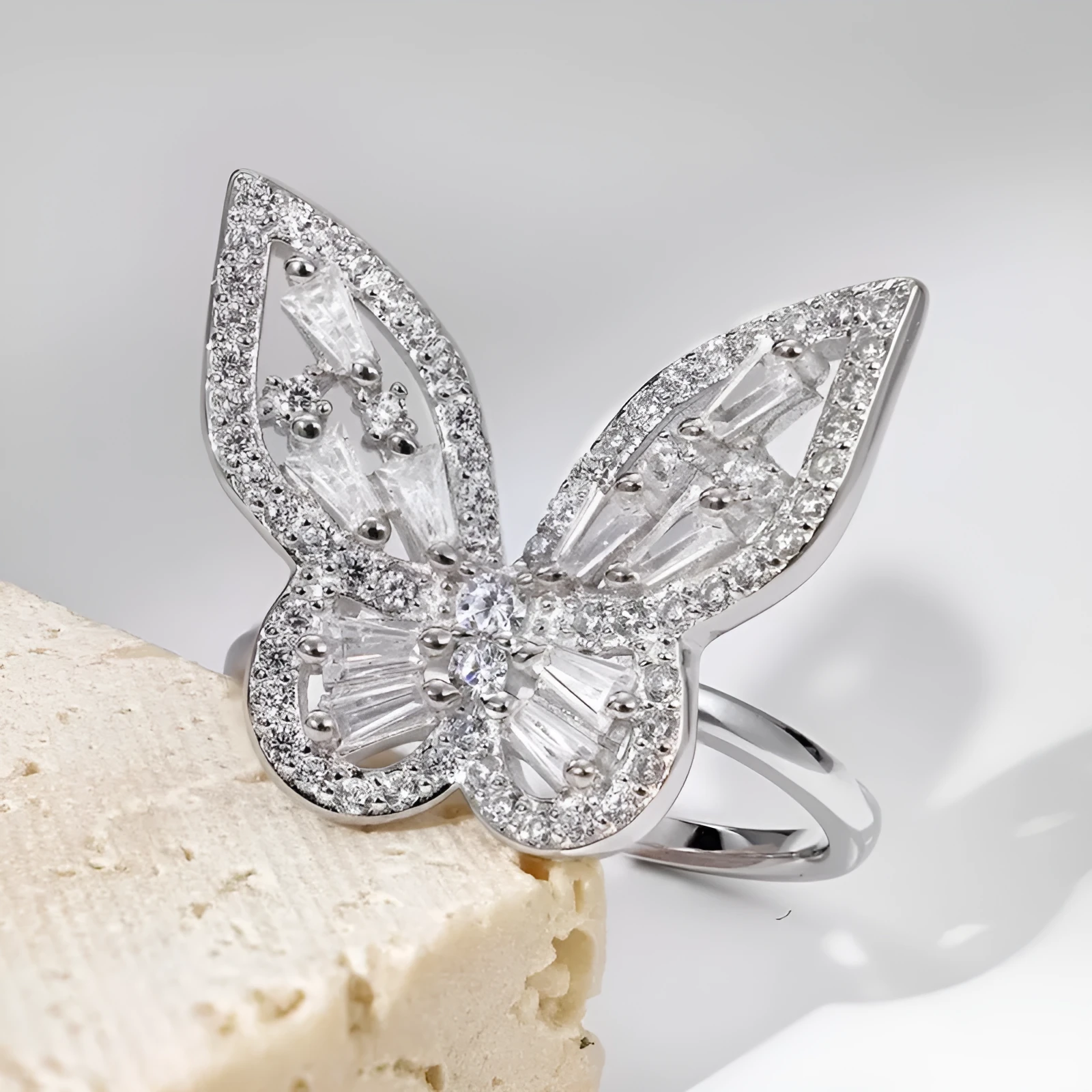 S925 sterling silver diamond inlaid zircon butterfly ring adjustable opening women's silver jewellery