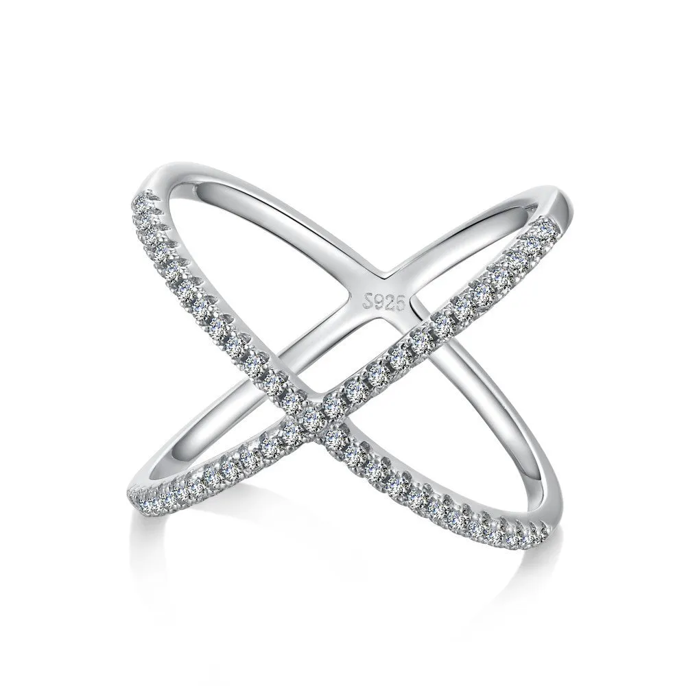 Zircon inlaid cross S925 sterling silver ring for women in silver colour on white background