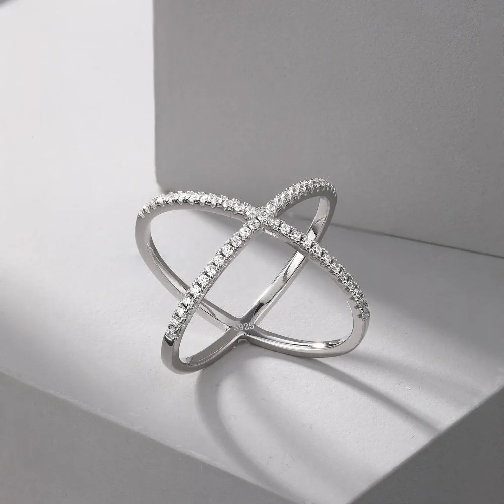 Zircon inlaid cross S925 sterling silver ring for women in silver colour on white background