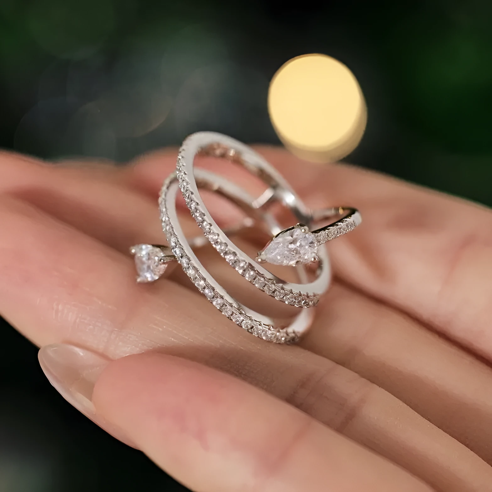Sterling silver S925 drop shaped ring water droplet design white gold colour women sizes 6-9