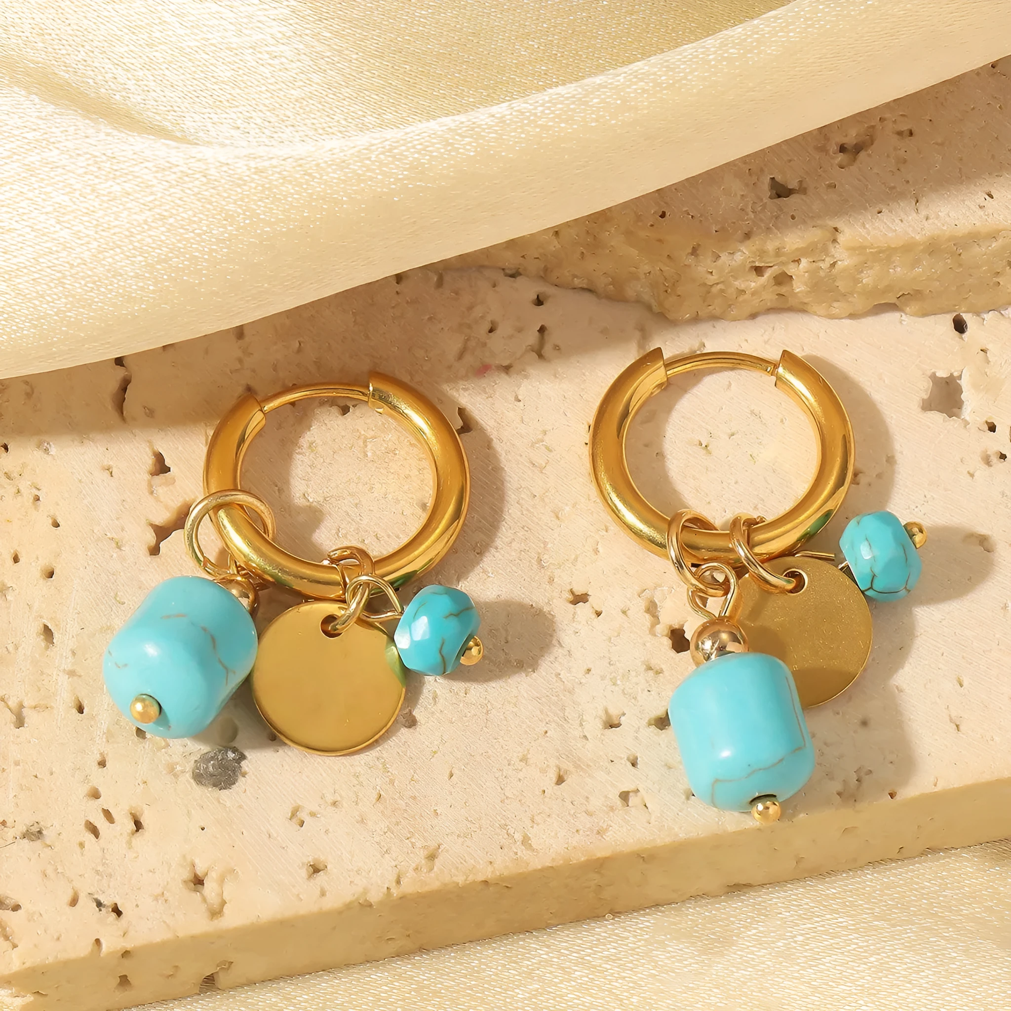 Bohemian natural stone turquoise eardrops in blue on electroplated stainless steel for women