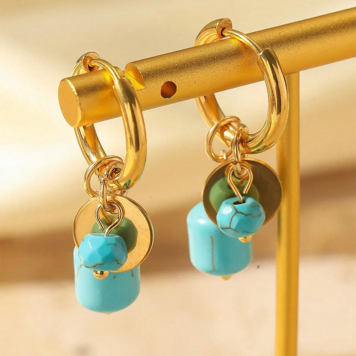 Bohemian natural stone turquoise eardrops in blue on electroplated stainless steel for women