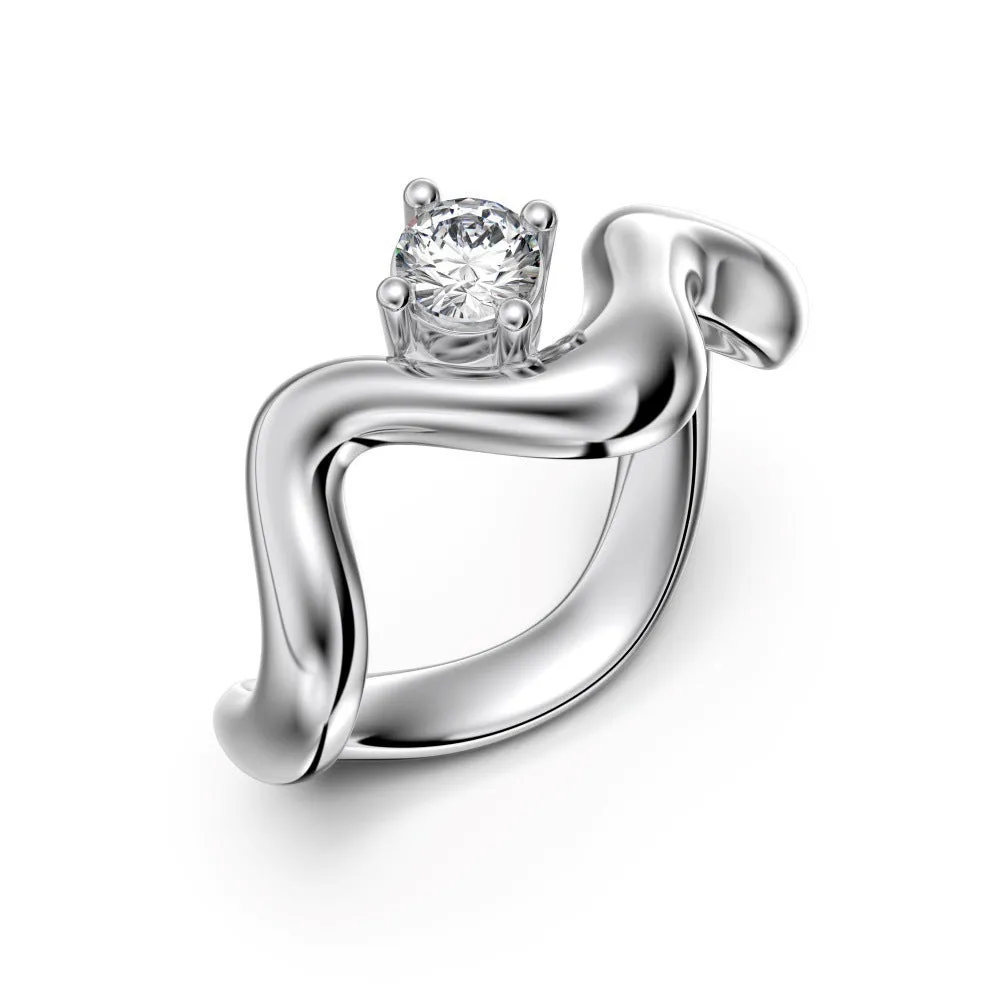 Women's silver electroplated open ring with single diamond and smooth wave line design, white gold tone