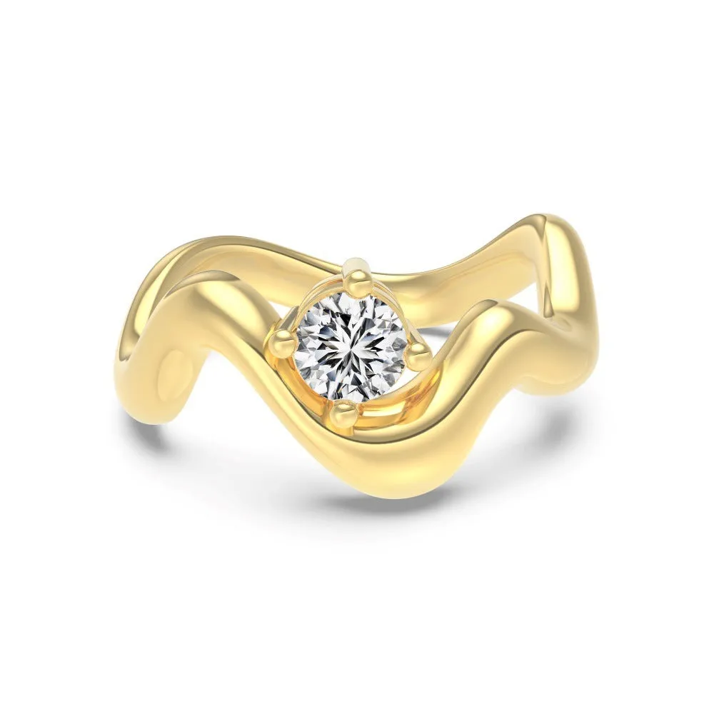 Women's silver electroplated open ring with single diamond and smooth wave line design, white gold tone