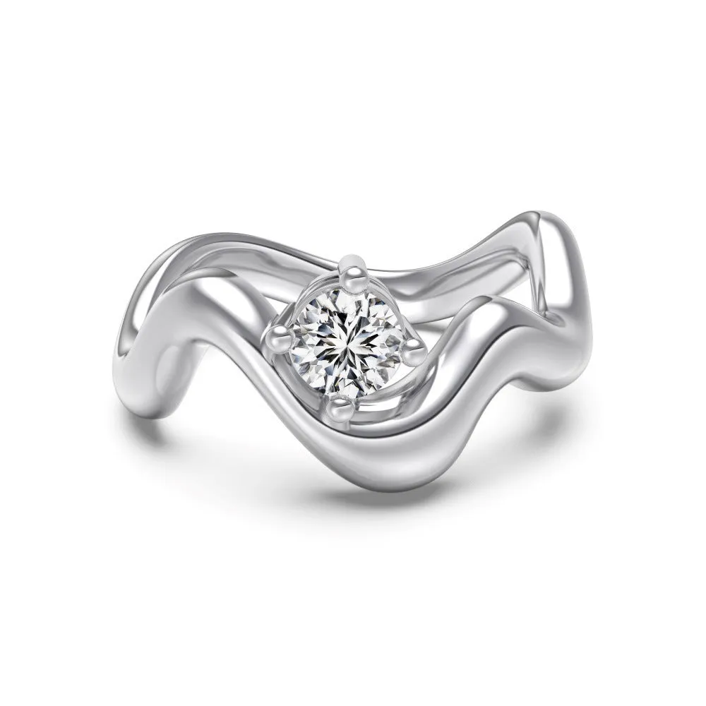 Women's silver electroplated open ring with single diamond and smooth wave line design, white gold tone
