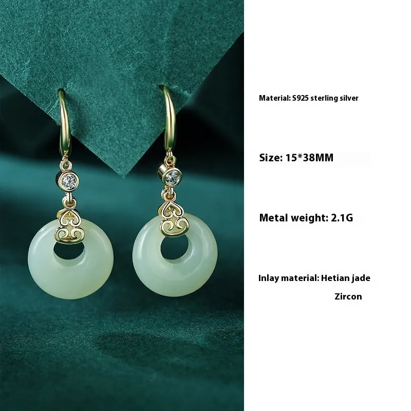 Hetian jade gourd bracelet with sterling silver Fu Lu necklace and earrings set