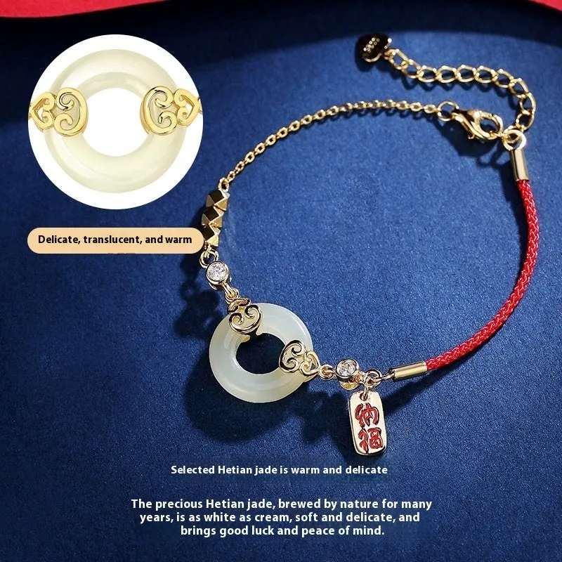 Hetian jade gourd bracelet with sterling silver Fu Lu necklace and earrings set