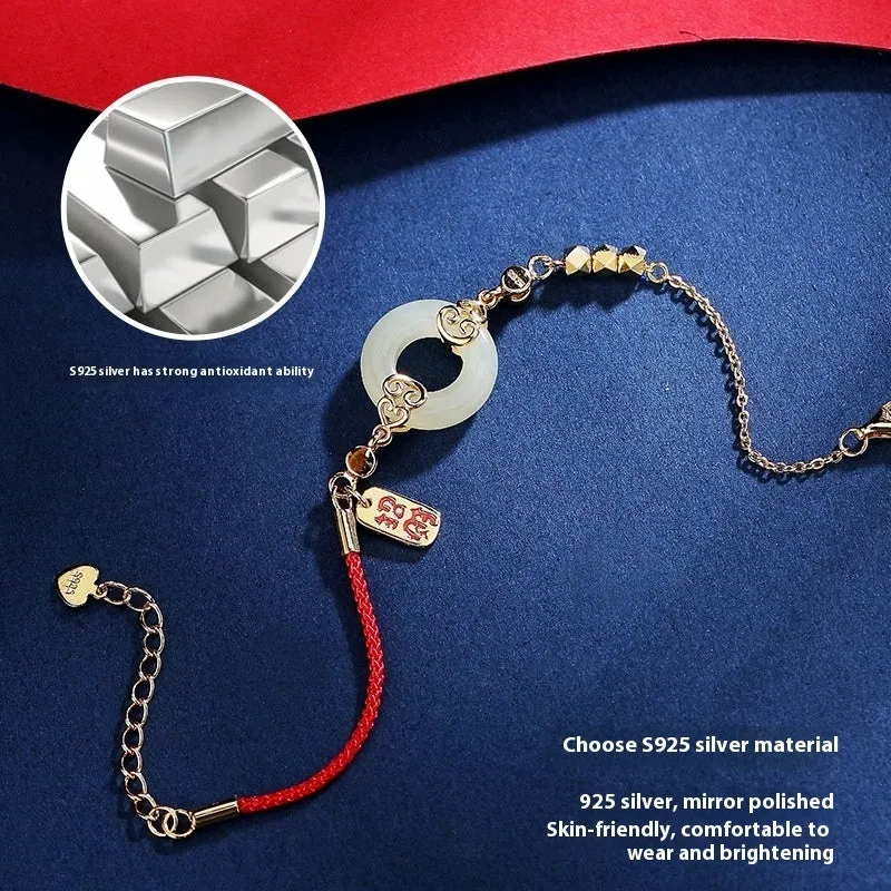 Hetian jade gourd bracelet with sterling silver Fu Lu necklace and earrings set