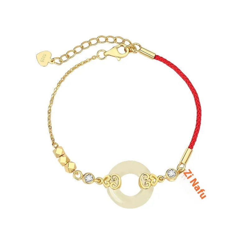 Hetian jade gourd bracelet with sterling silver Fu Lu necklace and earrings set
