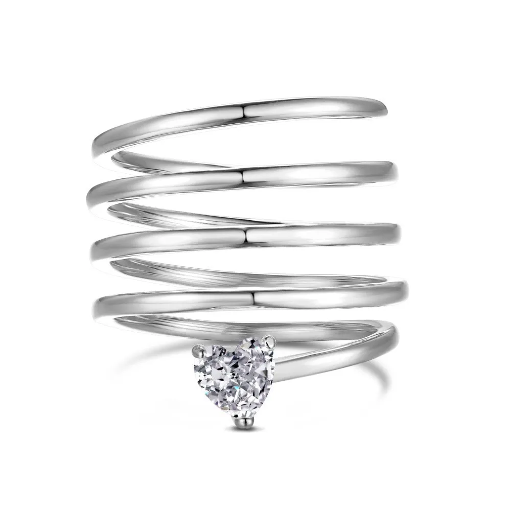S925 sterling silver women's ring with geometric heart band in platinum finish, size no.7