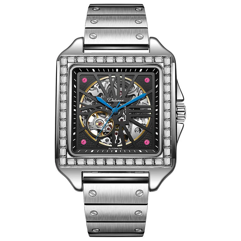 Square case automatic watch for men with diamond-studded bezel on a stainless steel bracelet