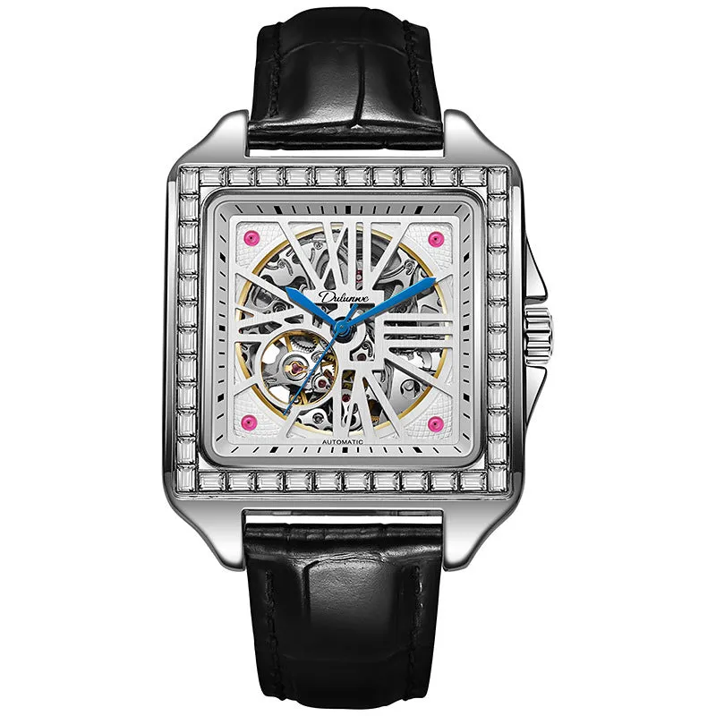 Square case automatic watch for men with diamond-studded bezel on a stainless steel bracelet