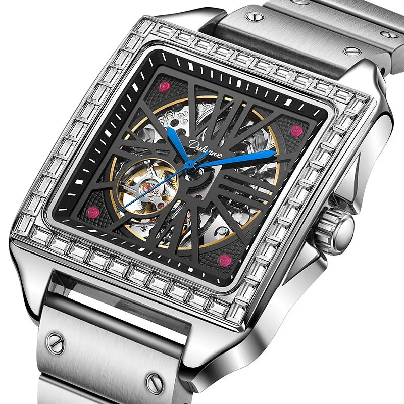 Square case automatic watch for men with diamond-studded bezel on a stainless steel bracelet