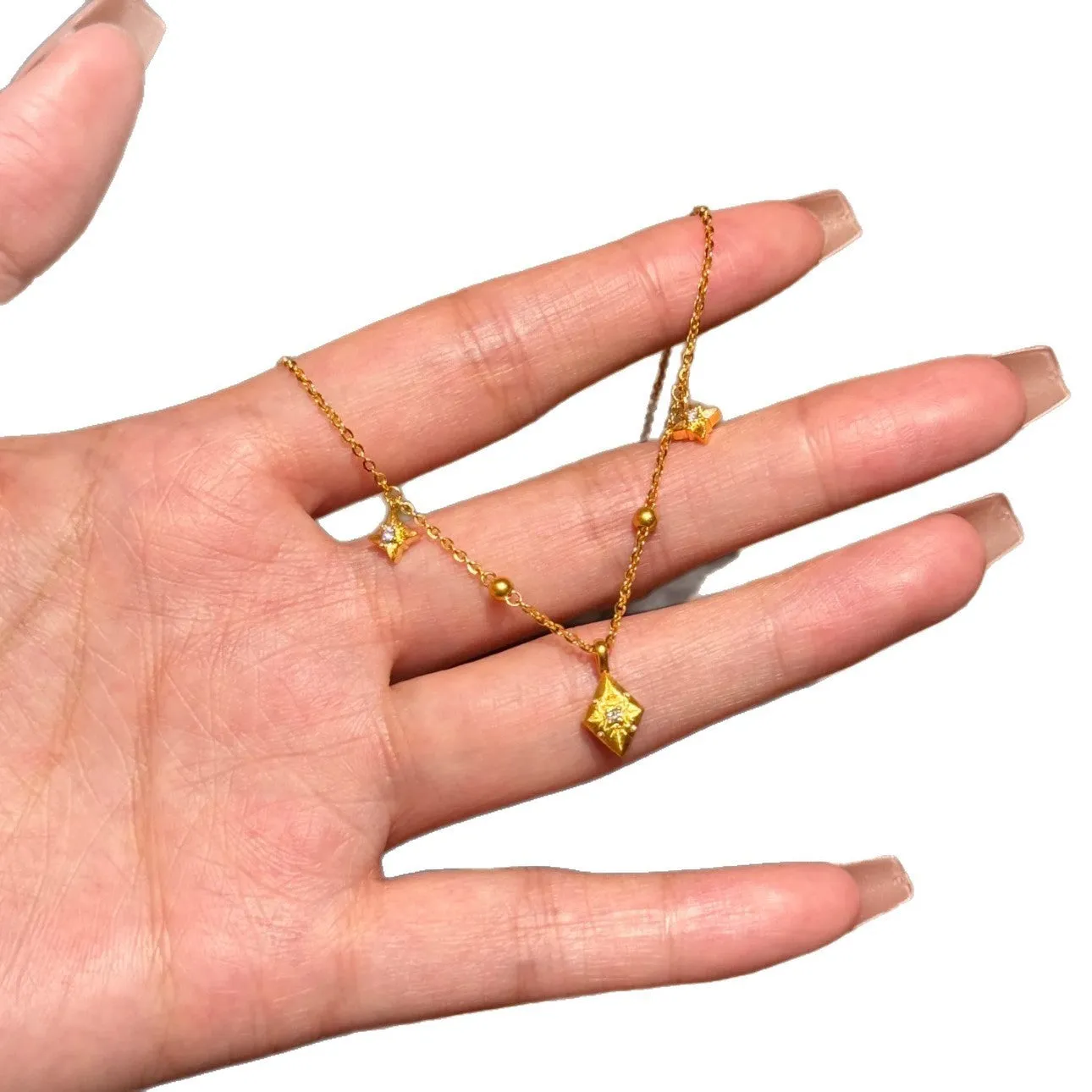 Eight awn star round beads copper necklace on woman with O-ring chain, diamond shape pendant, electroplated finish, adjustable 41-50cm