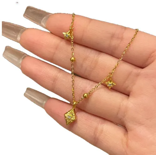 Eight awn star round beads copper necklace on woman with O-ring chain, diamond shape pendant, electroplated finish, adjustable 41-50cm