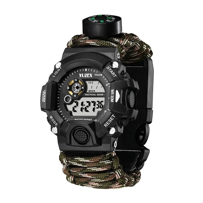Multifunctional outdoor survival bracelet watch with black parachute cord strap compass whistle and firestone