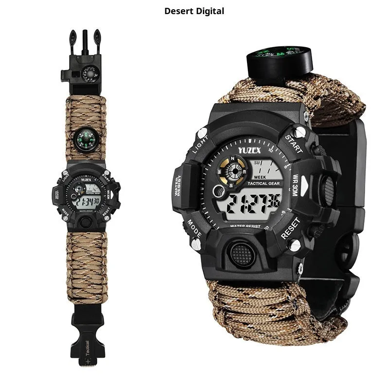 Multifunctional outdoor survival bracelet watch with black parachute cord strap compass whistle and firestone