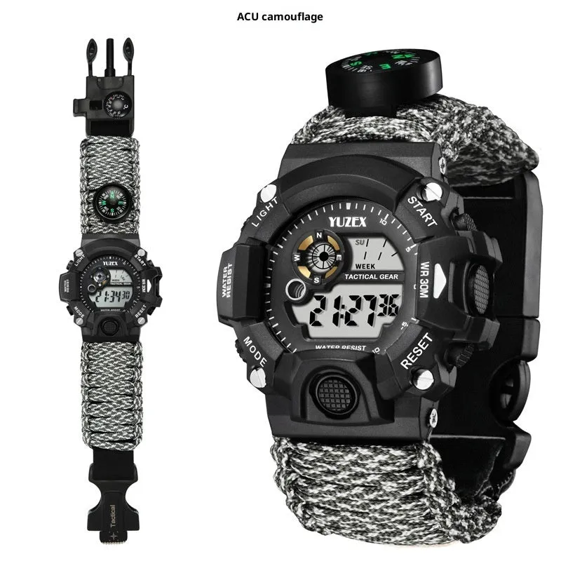 Multifunctional outdoor survival bracelet watch with black parachute cord strap compass whistle and firestone