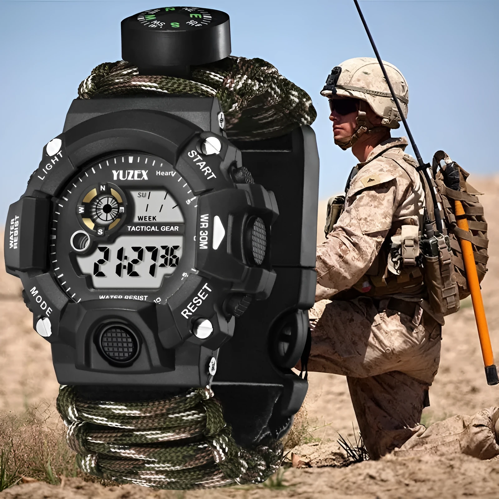 Multifunctional outdoor survival bracelet watch with black parachute cord strap compass whistle and firestone