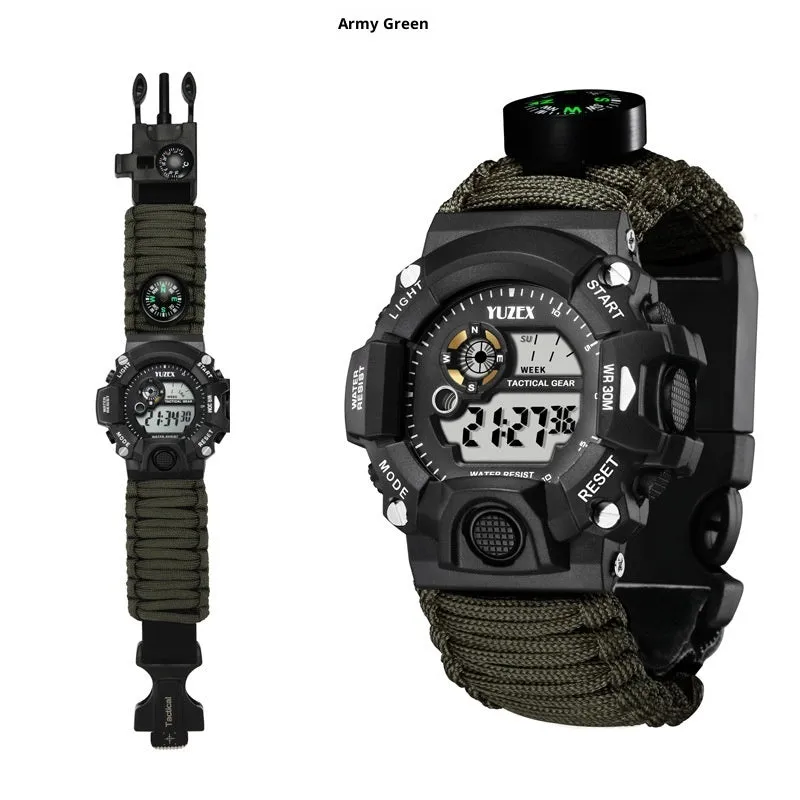 Multifunctional outdoor survival bracelet watch with black parachute cord strap compass whistle and firestone