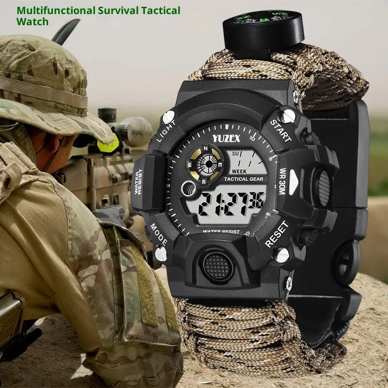 Multifunctional outdoor survival bracelet watch with black parachute cord strap compass whistle and firestone
