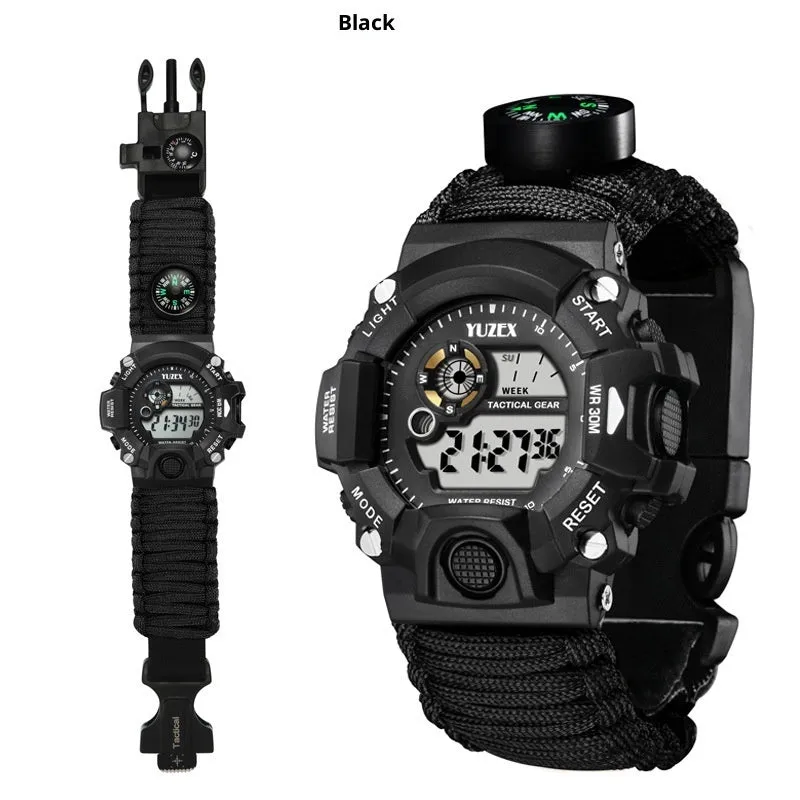 Multifunctional outdoor survival bracelet watch with black parachute cord strap compass whistle and firestone