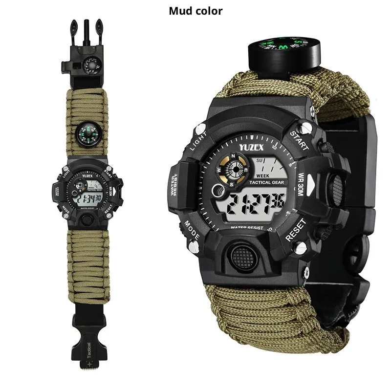 Multifunctional outdoor survival bracelet watch with black parachute cord strap compass whistle and firestone