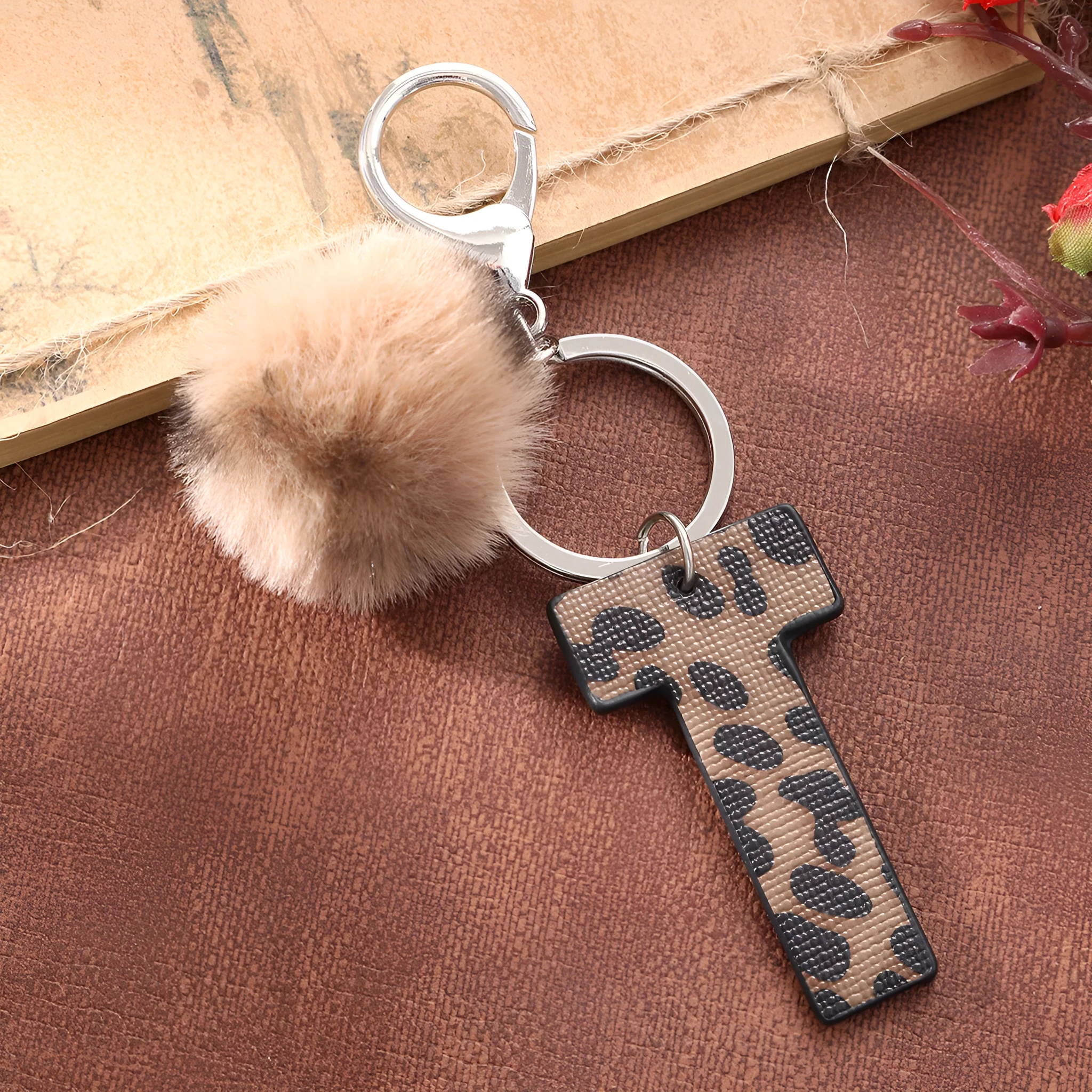 Retro leopard-print oil-edged letter acrylic keychain on artificial leather strap with metal keyring