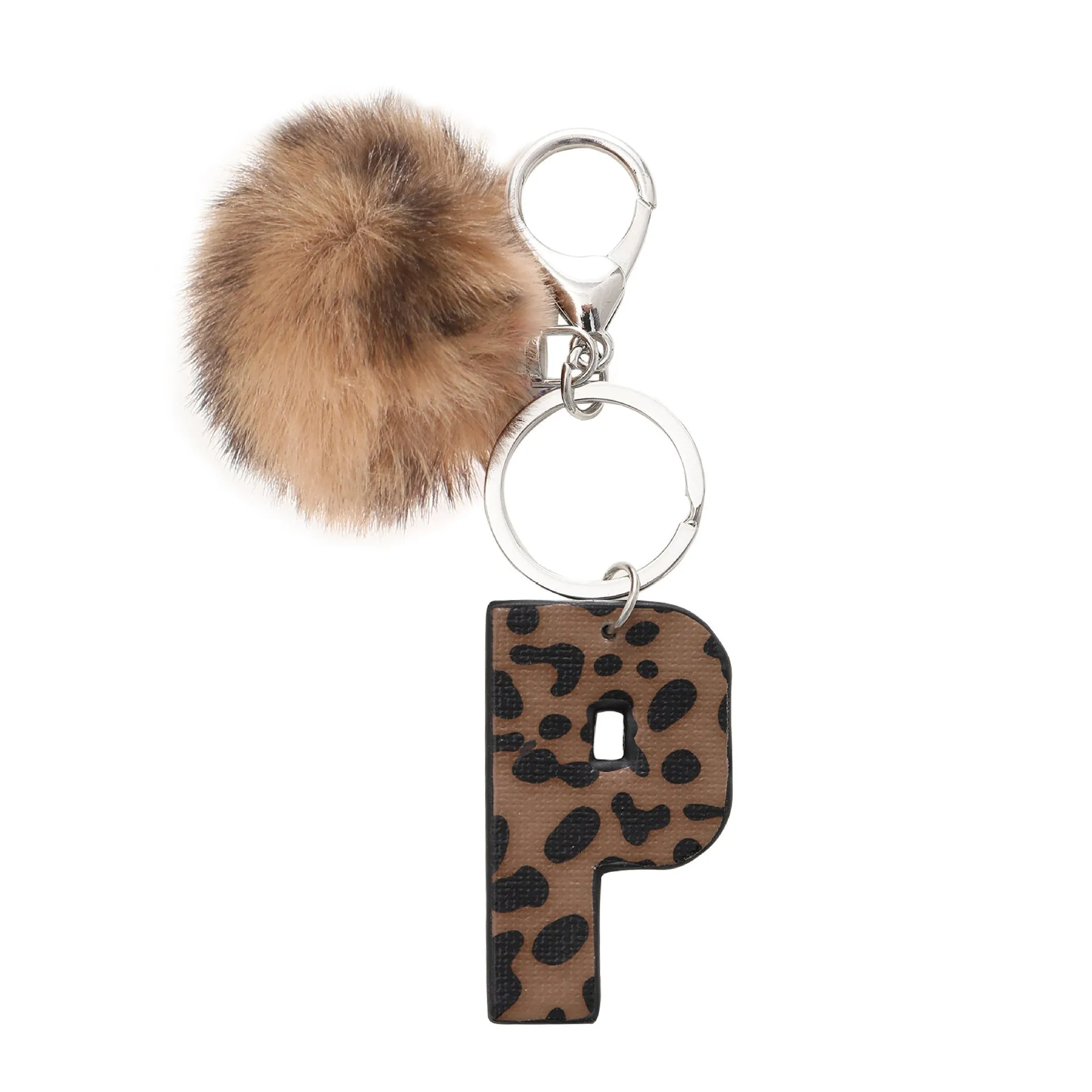 Retro leopard-print oil-edged letter acrylic keychain on artificial leather strap with metal keyring