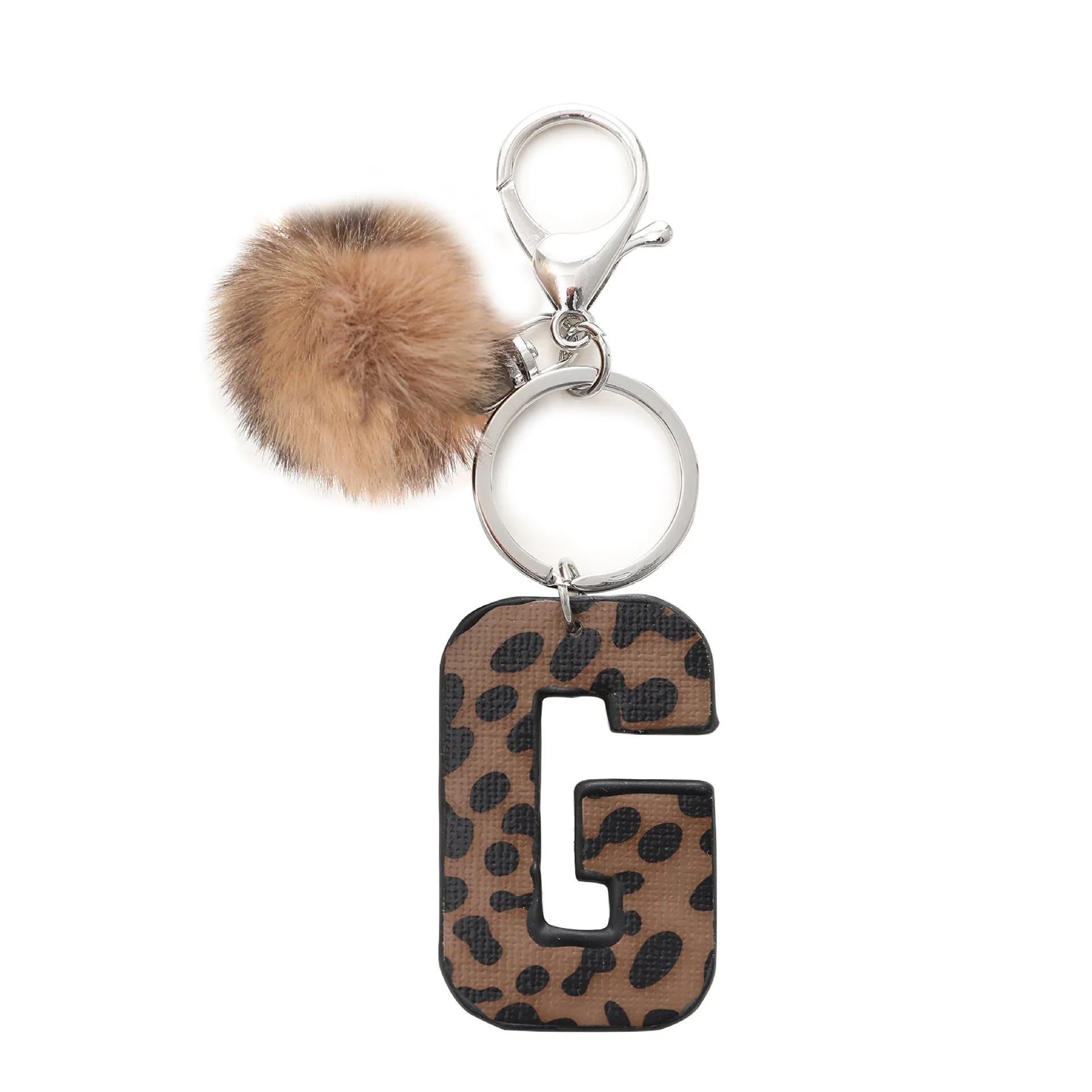 Retro leopard-print oil-edged letter acrylic keychain on artificial leather strap with metal keyring