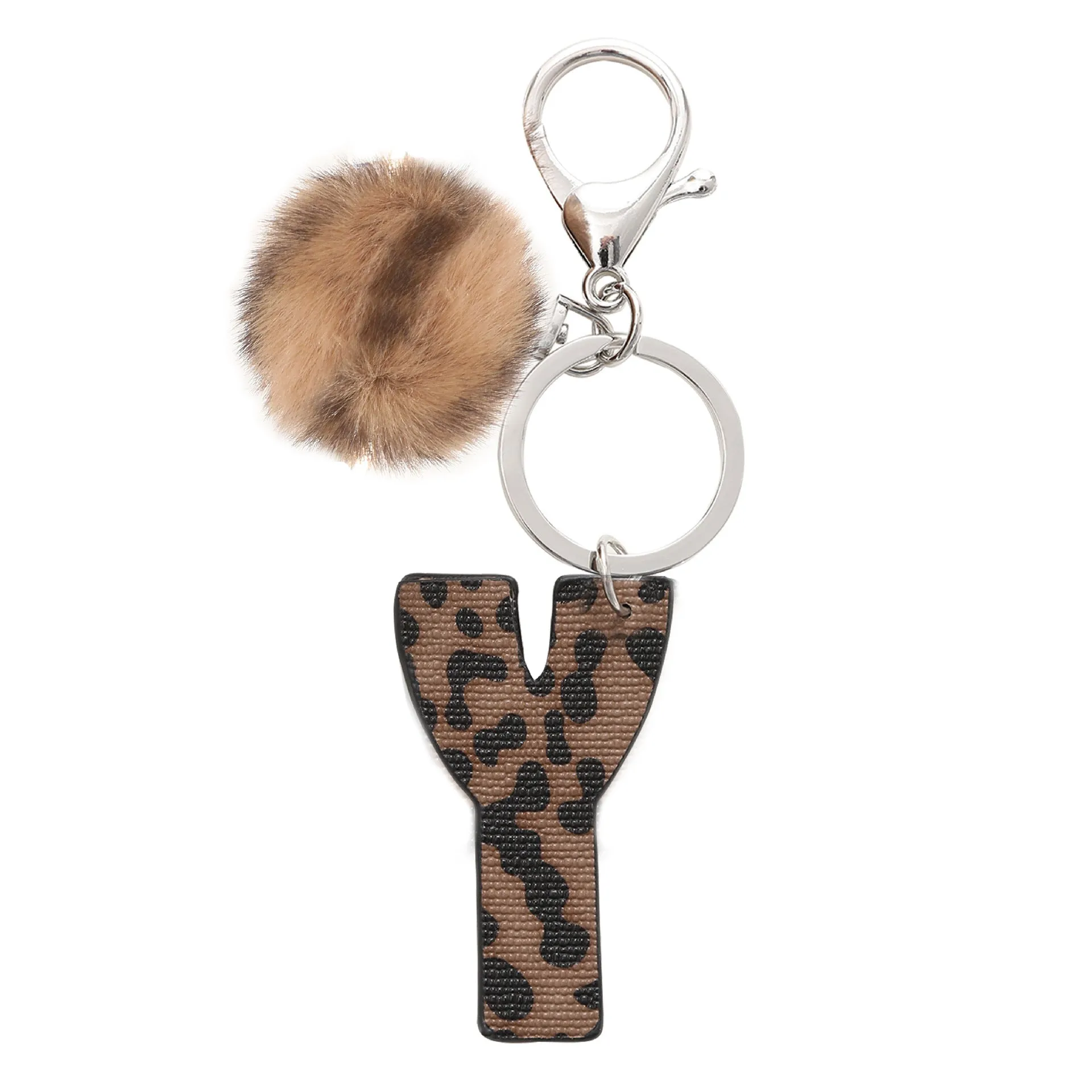 Retro leopard-print oil-edged letter acrylic keychain on artificial leather strap with metal keyring
