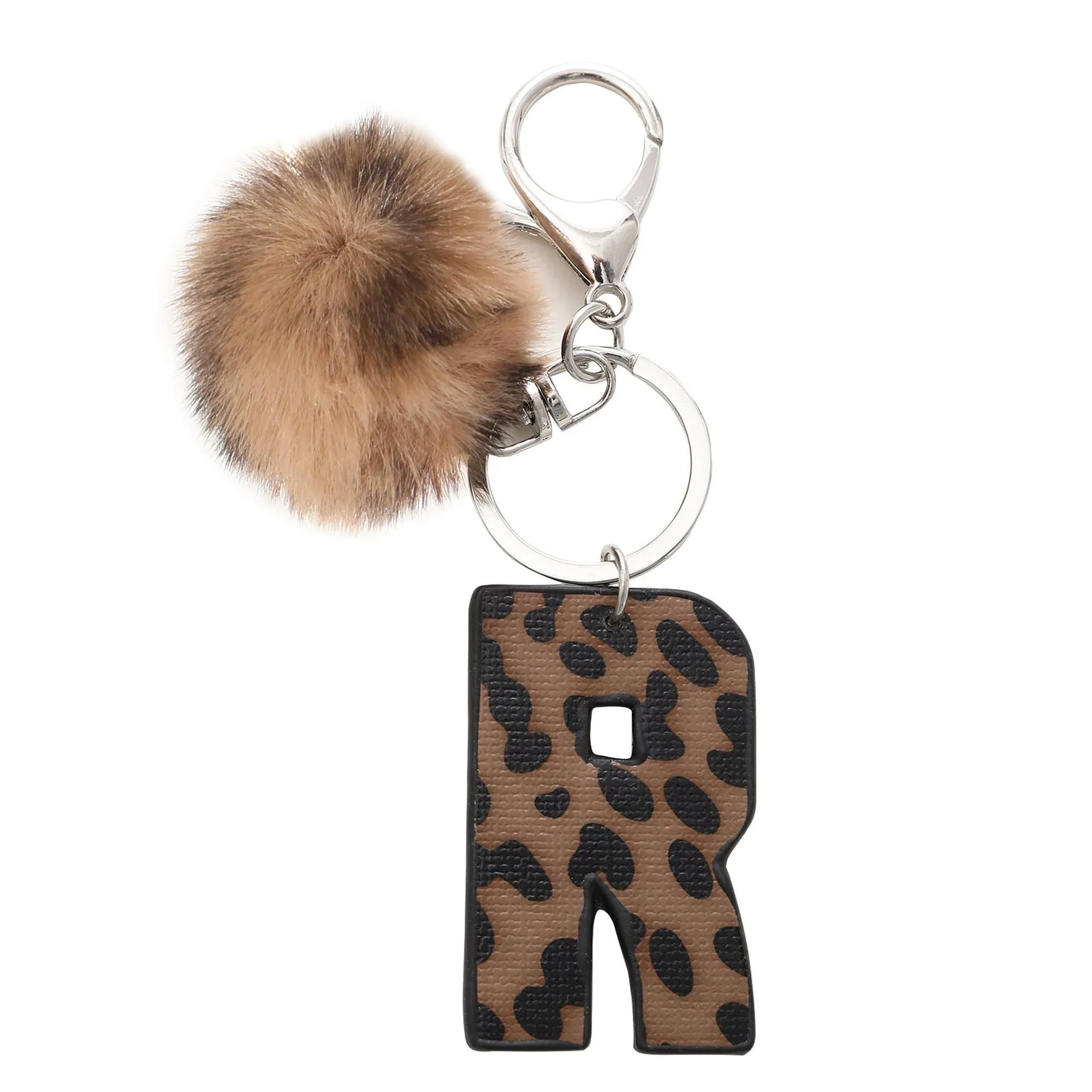 Retro leopard-print oil-edged letter acrylic keychain on artificial leather strap with metal keyring
