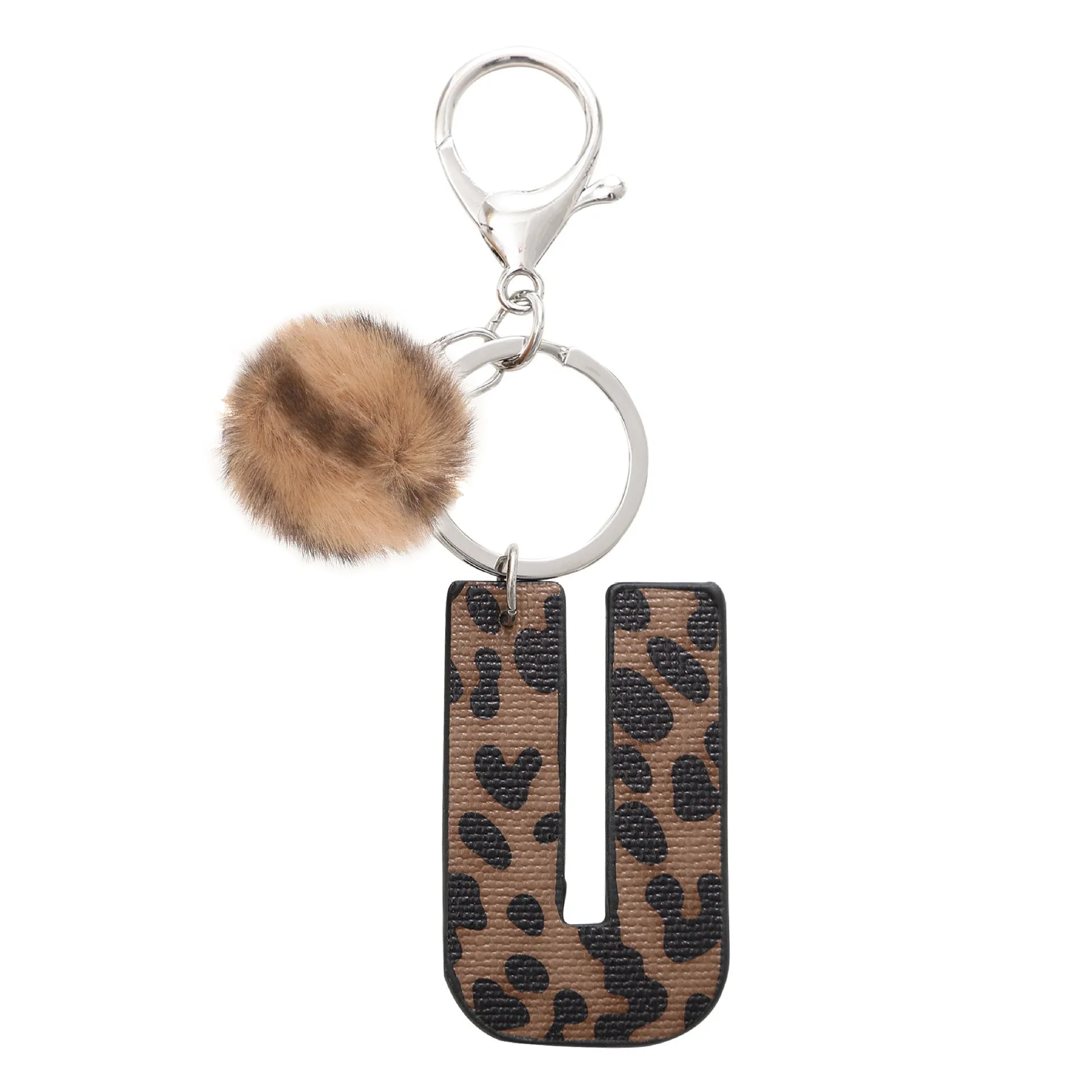 Retro leopard-print oil-edged letter acrylic keychain on artificial leather strap with metal keyring