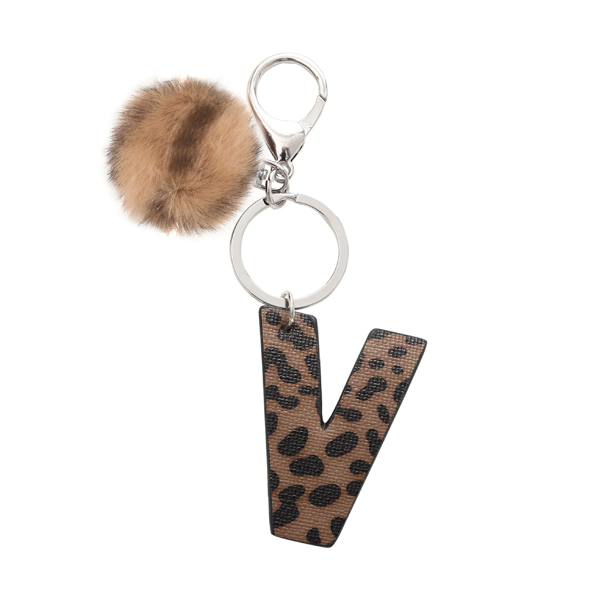 Retro leopard-print oil-edged letter acrylic keychain on artificial leather strap with metal keyring
