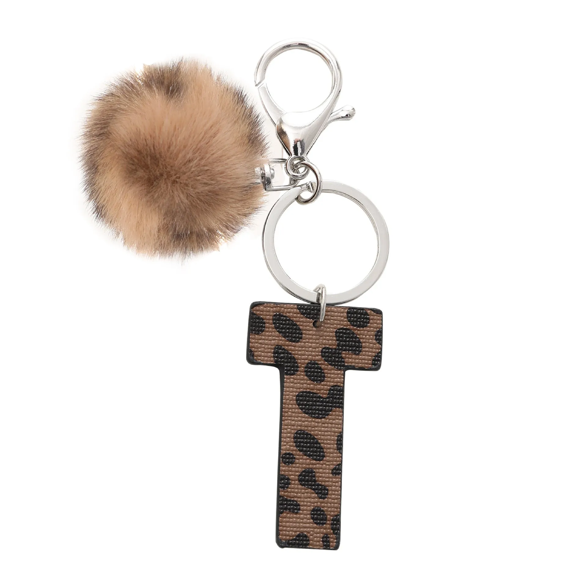 Retro leopard-print oil-edged letter acrylic keychain on artificial leather strap with metal keyring