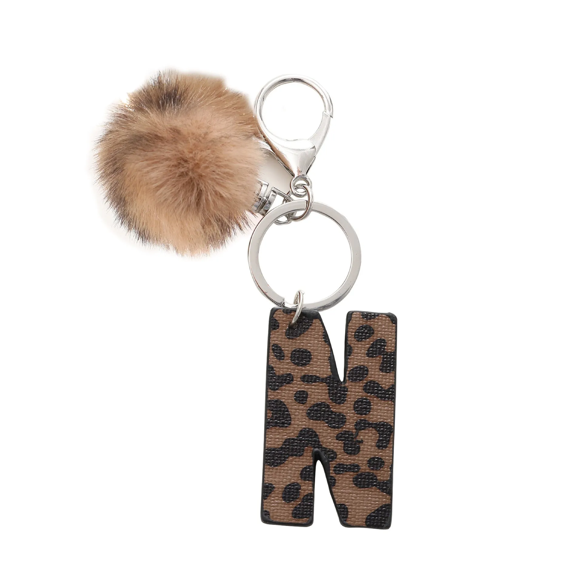Retro leopard-print oil-edged letter acrylic keychain on artificial leather strap with metal keyring