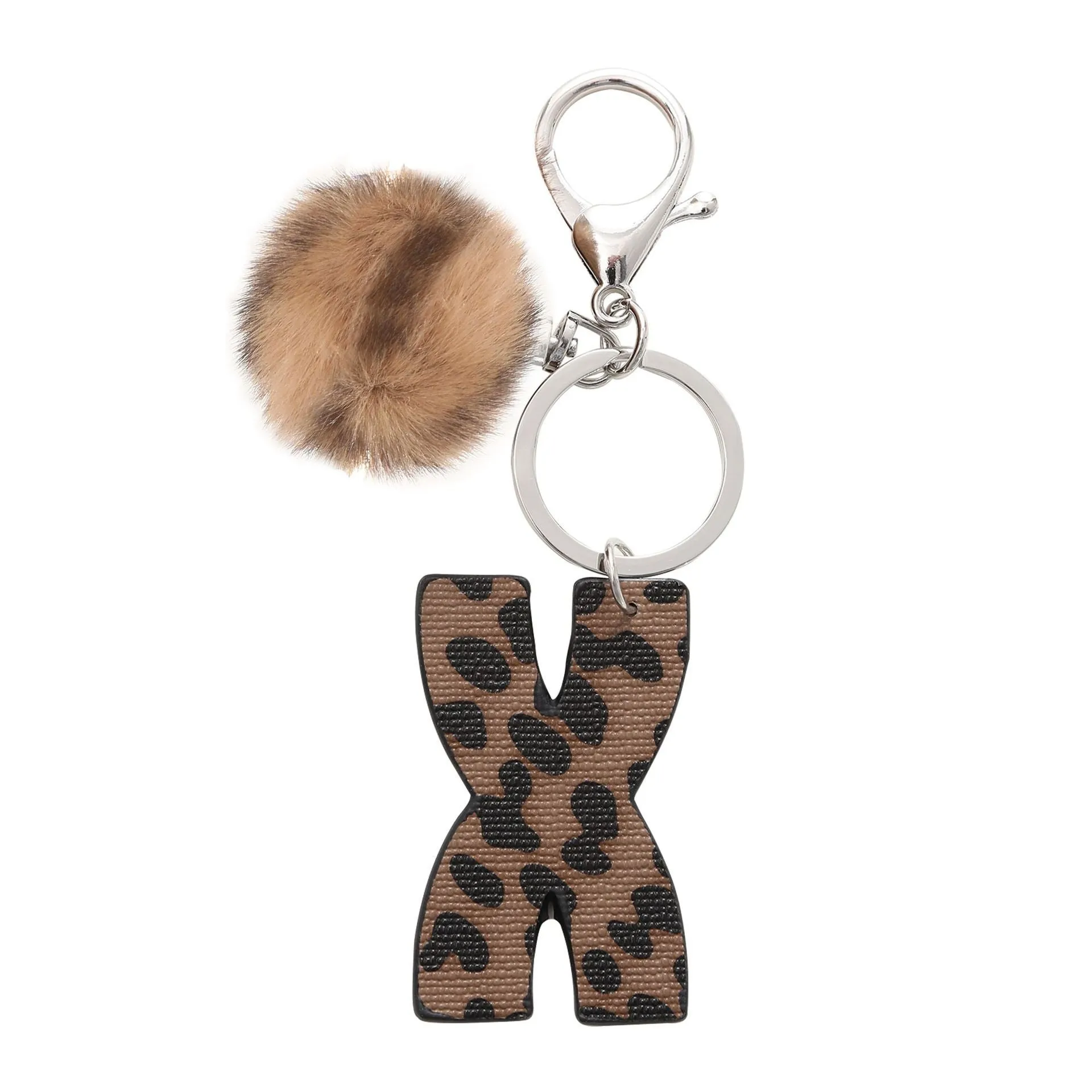 Retro leopard-print oil-edged letter acrylic keychain on artificial leather strap with metal keyring